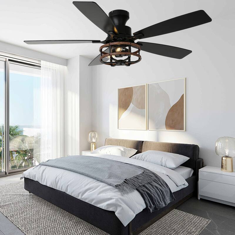 Bella Depot 52" Black Industrial Flush Mount Ceiling Fan with Light and Remote 6-speed Reversible DC Motor Low Profile Fan