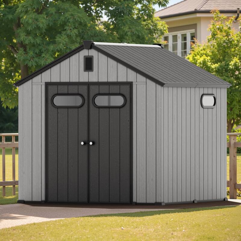 8' x 8' / 8' x 10'/ 8' x 12' Outdoor Resin Storage Shed with Floor & Lockable Doors All-Weather Garden Tool Storage for Patio - Light Grey - 8' x 8'