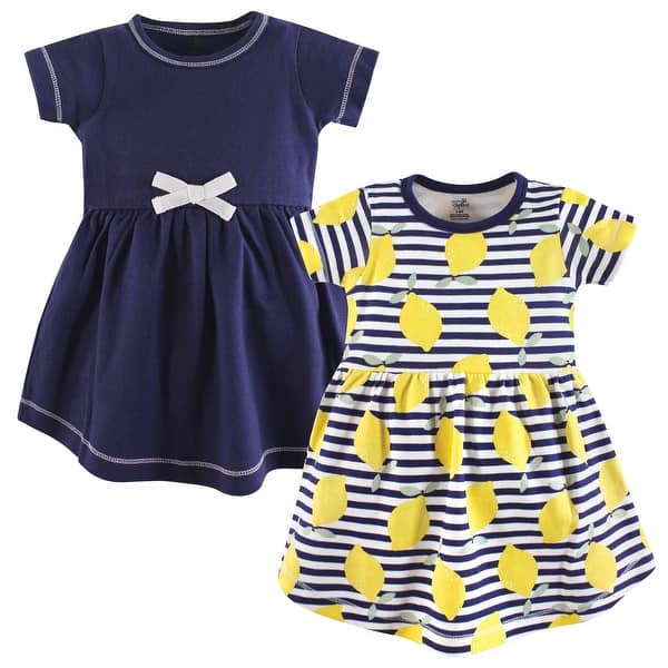 slide 1 of 1, Touched by Nature Baby and Baby Girl Organic Cotton Short-Sleeve Dresses 2pk, Lemons 0-3 Months - Baby Toddler Lemons Short Sleeve