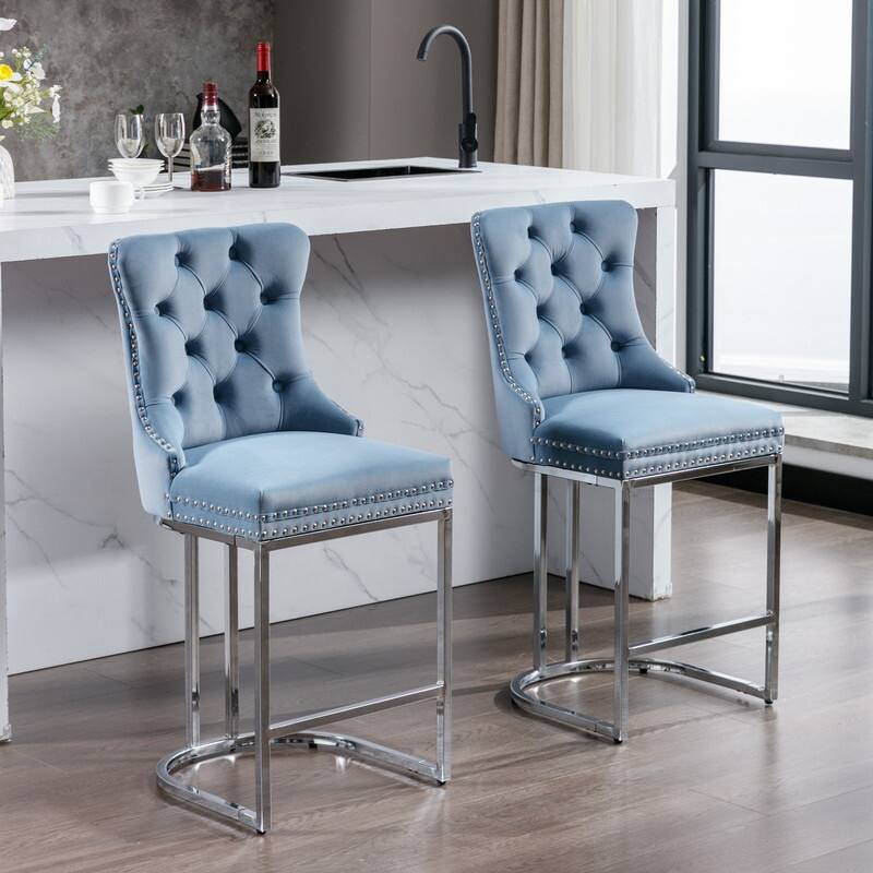 Modern Upholstered Bar Stools with Tufted Backs and Footrest（Set of 2）Blue - Set of 2