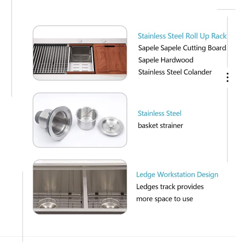 33 Inch Undermount Kitchen Sink Low Divide Double Bowl 50/50 Prep Workstation Sink 16 Gauge Stainless Steel Kitchen Sink Basin