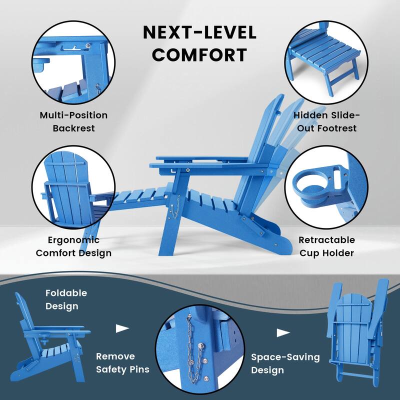 Laguna Outdoor Folding Adjustable Adirondack Chair with Cup Holder & Hideaway Ottoman