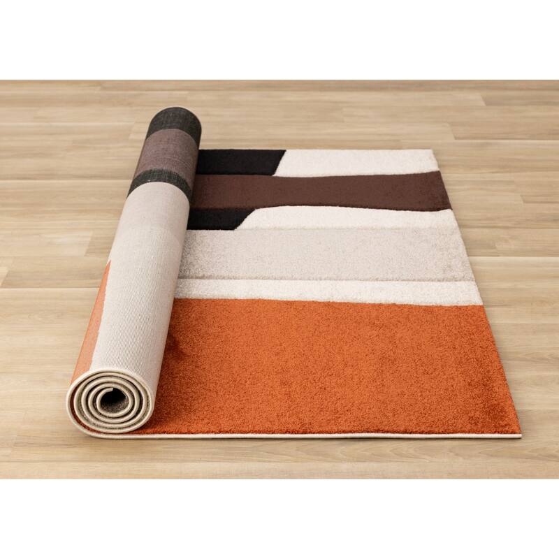 Orange Brown White Grey Geometric Living Room Statement Rug