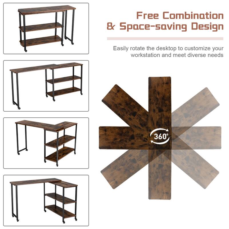 Large Free Rotating Sofa Side Table Mobile Desk with 2 Tier Shelves