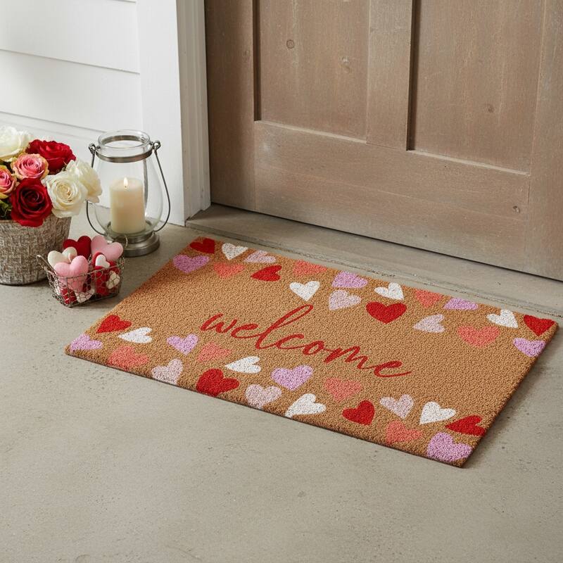 HomeRoots 24" X 36" Brown Pink Red And White Hearts Welcome Outdoor Coir Door Mat - 24.00' X '36.00 - 24.00' X '36.00