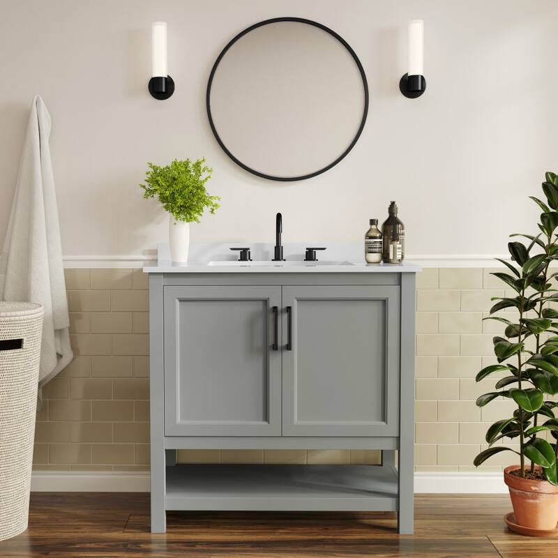 Bathroom Vanity with Undermount Sink and Open Storage Shelf - 36 Inch - Gray Frame/Black Hardware