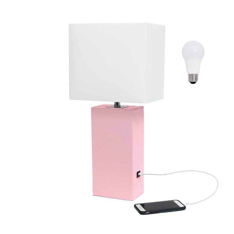 Modern Leather Table Lamp with USB and White Fabric Shade