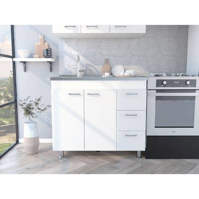White Freestanding Double Door Cabinet with Three Drawers, Four Legs, and Faucet Hole, 39-Inch - 20.67in L Engineered Wood