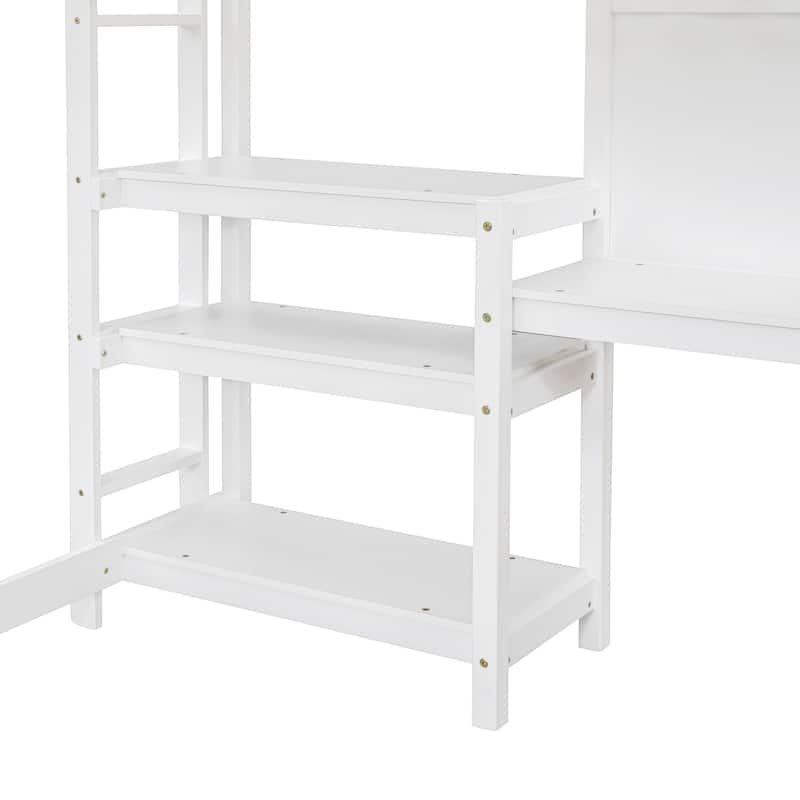 Wooden Loft Bed with Shelves, Desk and Writing Board, Twin Size