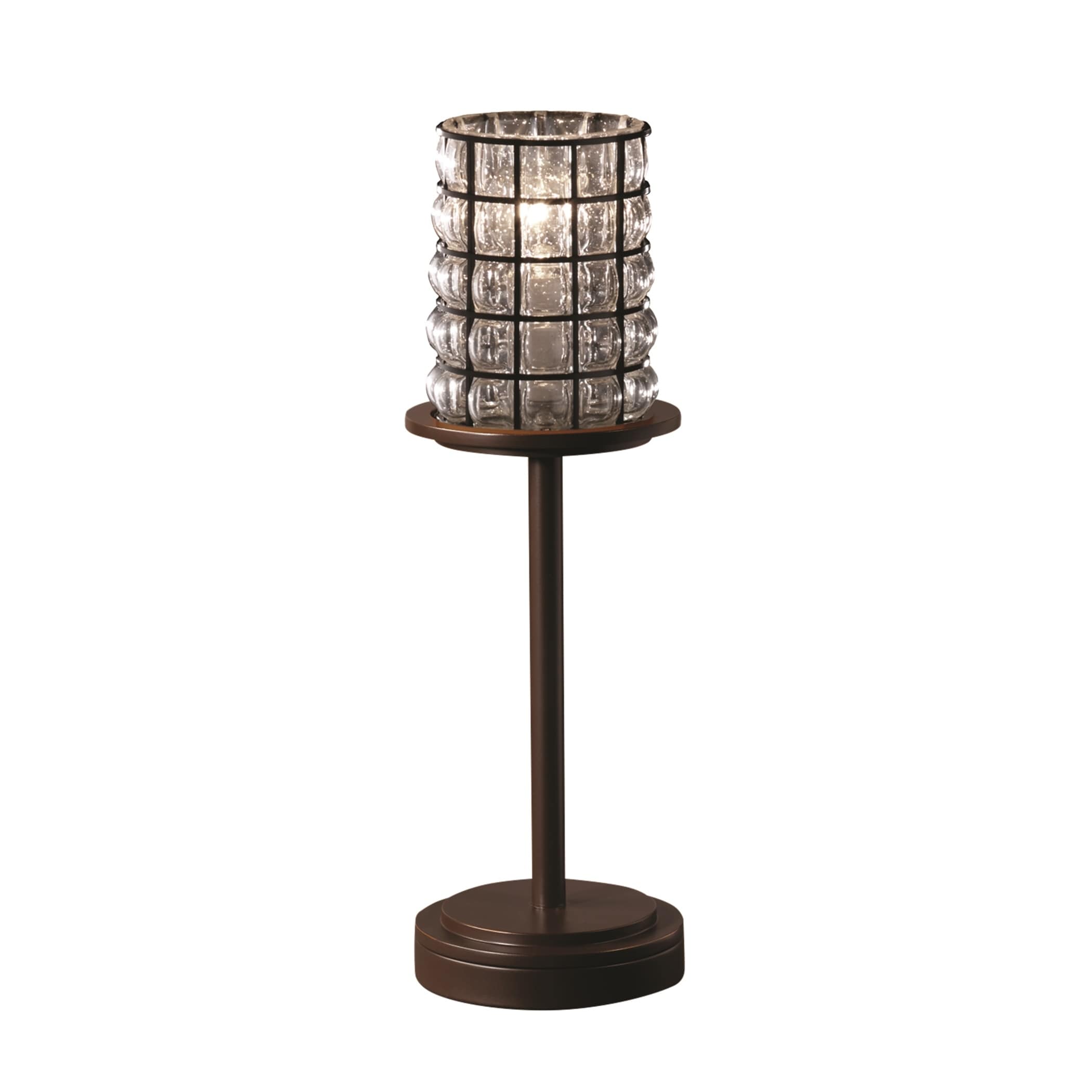 Wire Glass Dakota 1-Light Dark Bronze Table Lamp (Tall), Grid Wire Cage w/ Clear Bubbles Cylinder w/ Flat Rim Shade