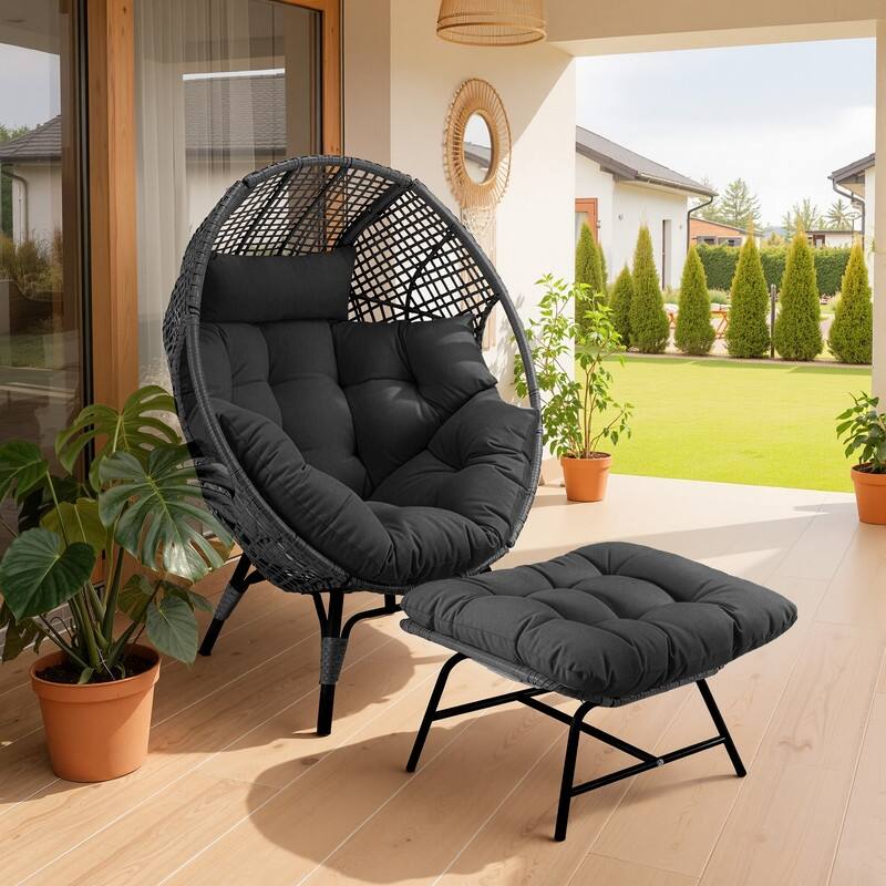 Oversized Wicker Egg Chair with Ottoman, 6.5" Thick Cushions, 440 lb Capacity, Stationary Boho Indoor/Outdoor Lounge Chair