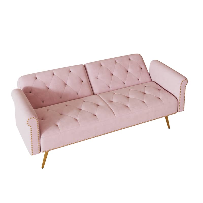 A 69.7-Inch-Long Sofa Bed Covered In Velvet Fabric, Featuring Nail Head Trim And Accompanied By A Matching Throw Pillow