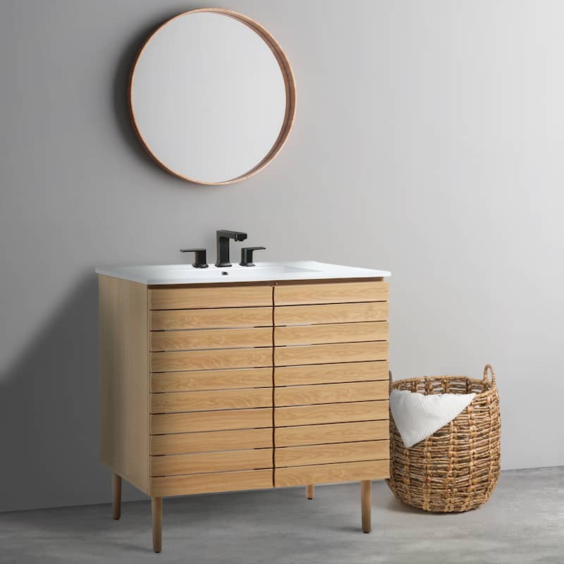 Calandre Thick Linear Slat Modern Farmhouse 2-Shelf Bath Vanity Cabinet Only (Sink Basin not Included), by JONATHAN Y