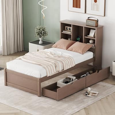 Modern Twin Size Bed with USB Port and Bookcase Headboard