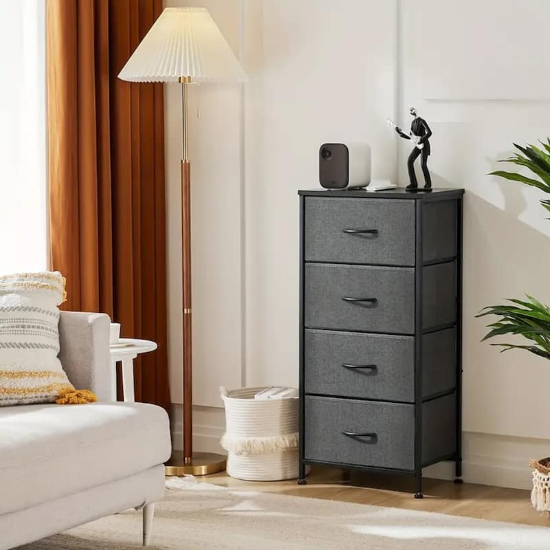 Dresser for Bedroom with 4 Fabric Drawers, Tall Chest Organizer Units for Clothing, Closet, Kidsroom, Storage Tower with Cabinet - Grey