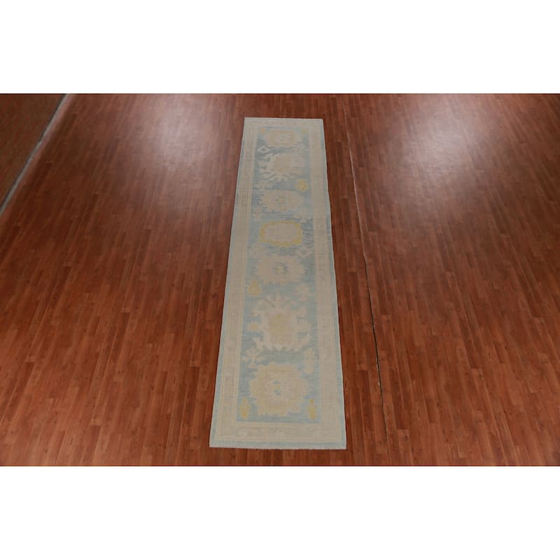 Hand Knotted Oriental 100% Wool Carpet Transitional Floral Navy Blue & Blues Oushak Runner Rug - 13' 6'' X 3' 4''