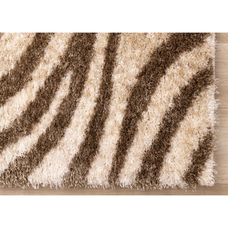 Beige Brown White Zebra Print Soft Shag Rug