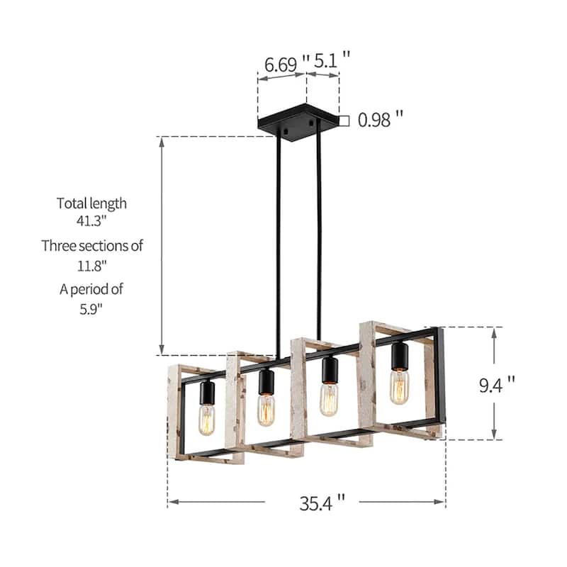 4-Light Black/Brown Kitchen Island Pendant, Modern Rustic Style