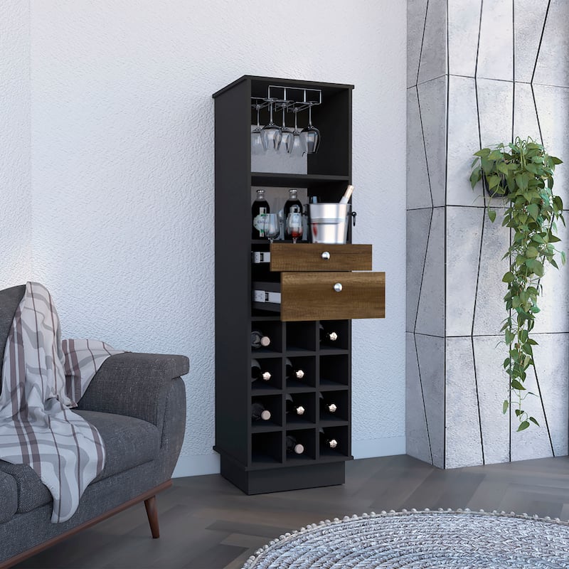 Classic Bar Cabinet, Two Drawers, Twelve Built-in Wine Rack-Black / Walnut