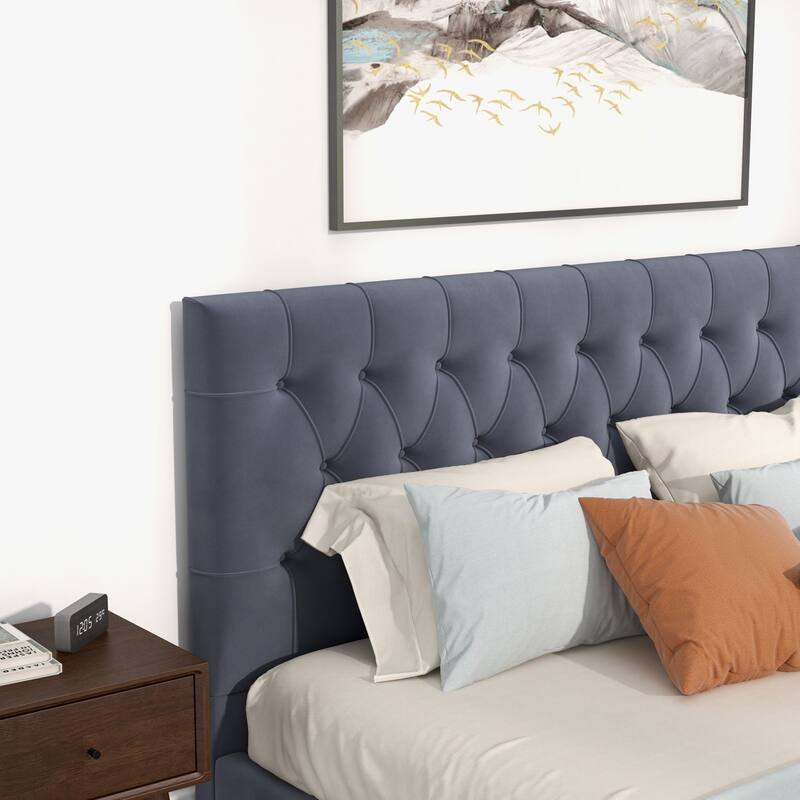 Modern Grey Velvet Platform Bed with Tufted Headboard, King Size