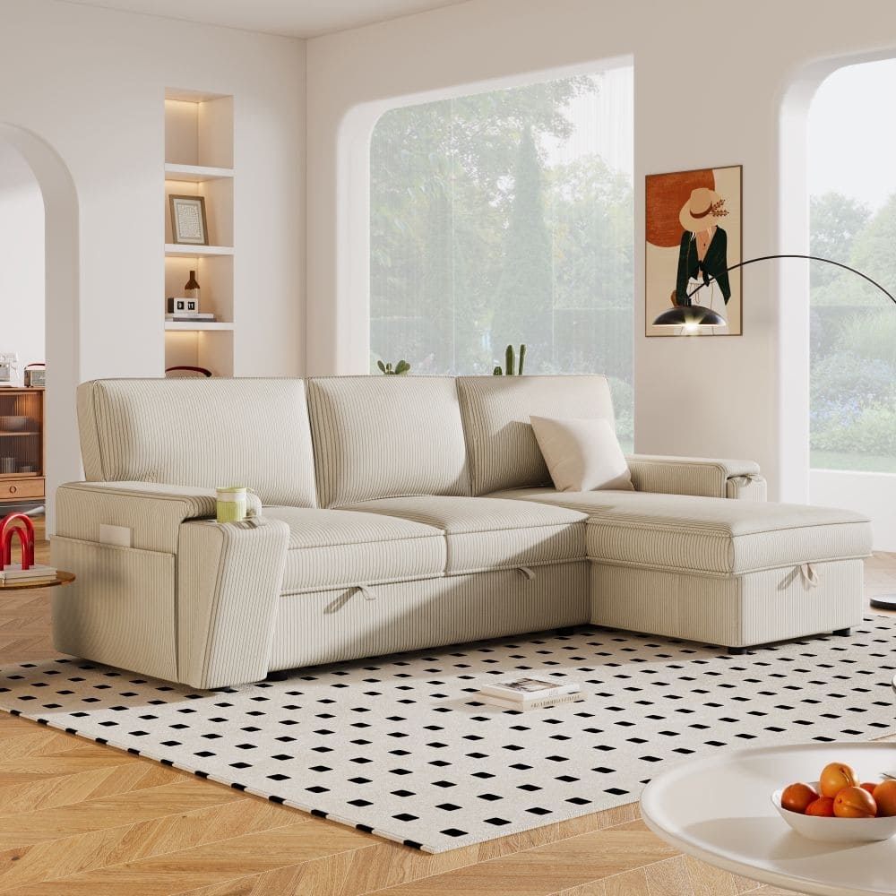 96'' Upholstery Sleeper Sectional Sofa with Storage Bags and 2 Cup Holders