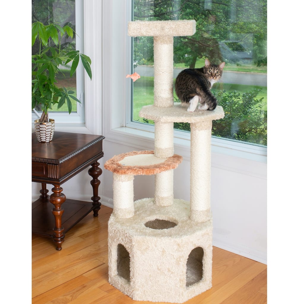 Soft Heavy-Carpet Real Wood Cat Furniture With Condo For Large Cat - KHAKI