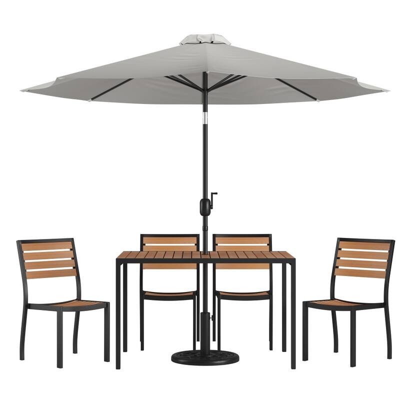 Faux Teak Patio Table, 4 Chairs & 9FT Patio Umbrella with Base