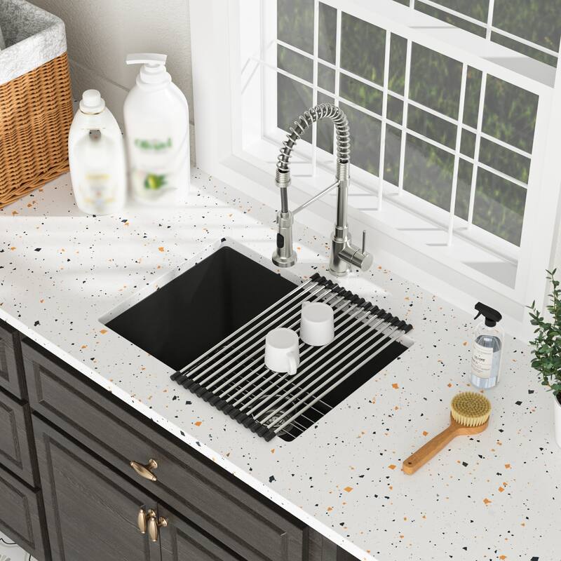 24" Undermount Single Bowl Quartz Kitchen Sink in Black - 24'' x 18'' x 12''