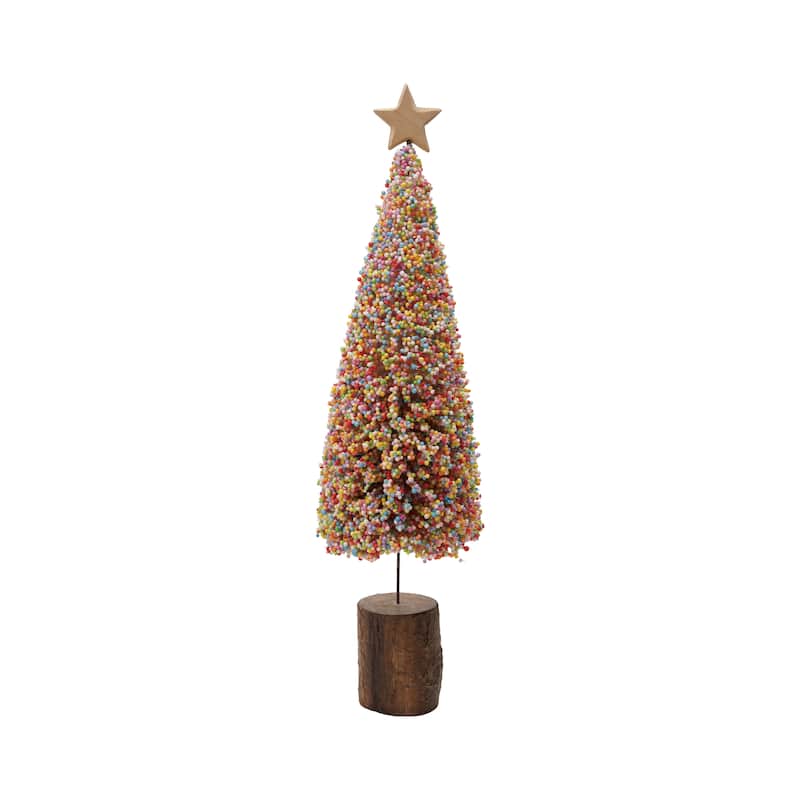 Foam Microbeads and Resin Christmas Tree with Wood Slice Base and Star - 4.75"L x 4.75"W x 18.13"H - Multicolor
