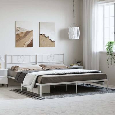 vidaXL King Metal Bed Frame with Headboard, White, No Mattress - 81.5" x 78" x 35.4"