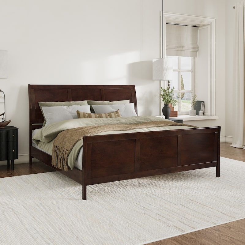 Valencia Solid Wood Low Profile Sleigh Platform Bed with Matching Footboard - Walnut - King