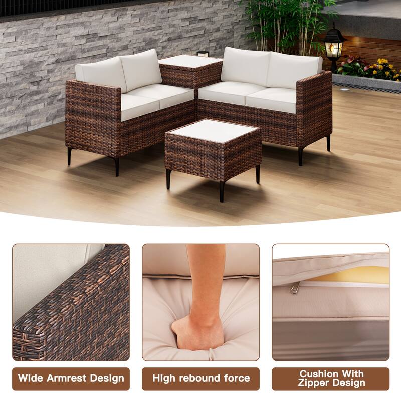 4-Piece Rattan Patio Set – Modular Sectional with Storage Box & Glass Table, Weather-Resistant for Outdoor Lounge,