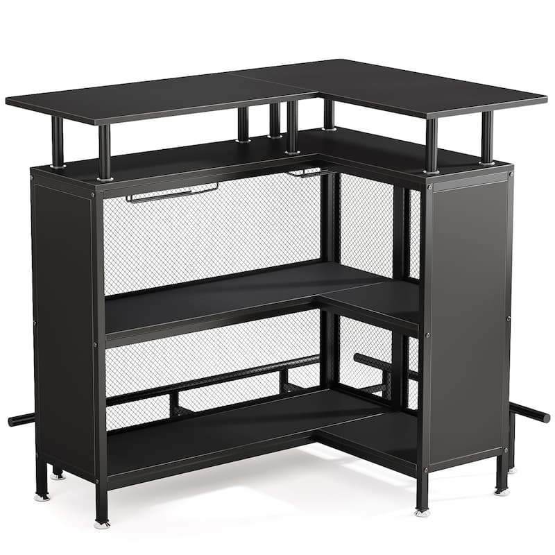 36" x 48" L-Shaped Home Bar Unit with Footrest 2-Tier Glass Shelves, Black