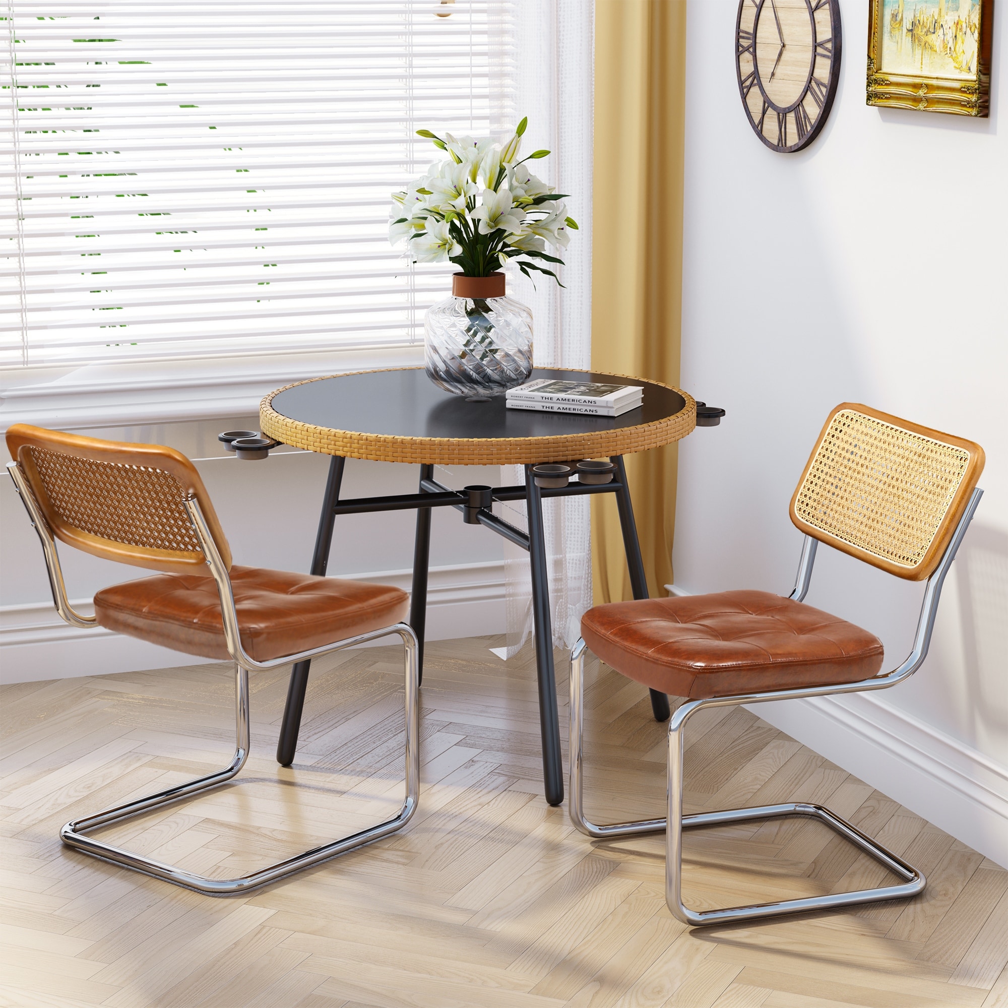 Cane breakfast table and 2 2025 chairs
