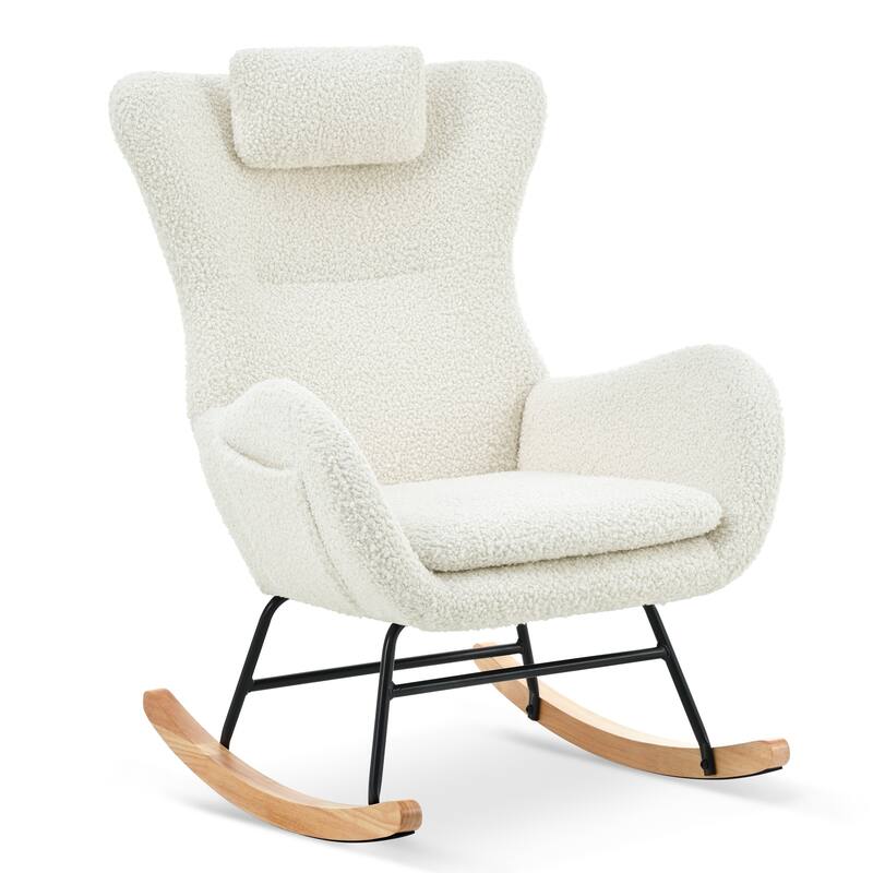 Polyester Glider Chair with Adjustable Headrest and Storage Pocket, Rubber Wood Base