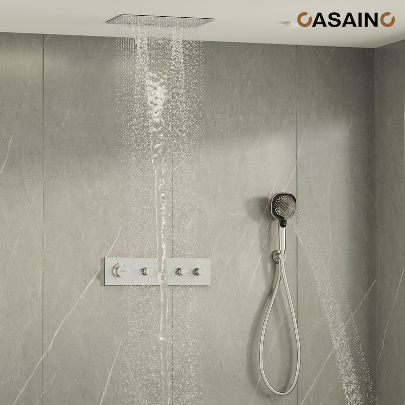 Luxury Thermostatic Shower System 3-Spray Patterns Ceiling Mount Fixed Rain Waterfall Shower Head and Handheld Spray Combo - Brushed