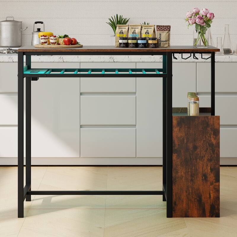 Gymax Rectangular Bar Table w/ Charging Station LED Light Wine Rack 2