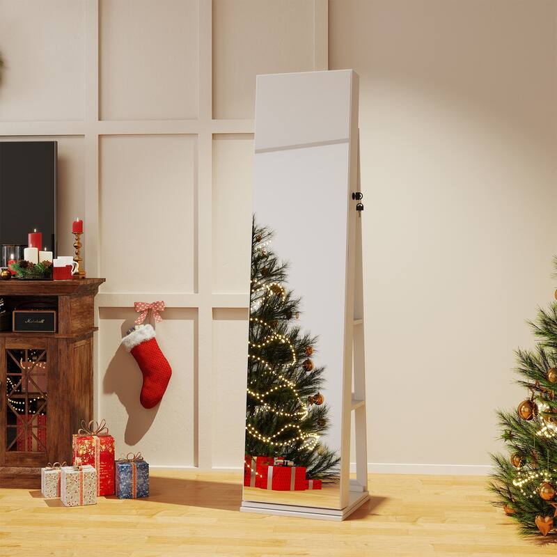 360 Rotating Full Length Mirror Jewelry Cabinet with LED Lights and Ample Storage Shelves - 17" x 15" x 63"