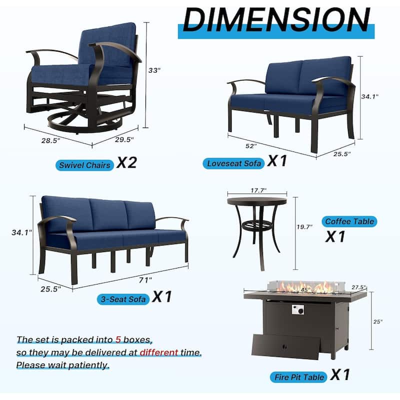Aluminum Patio Furniture Set with FirePit Ottomans Swivel Chairs,Sectional Sofa with Thick Seat Cushions for Porch Garden
