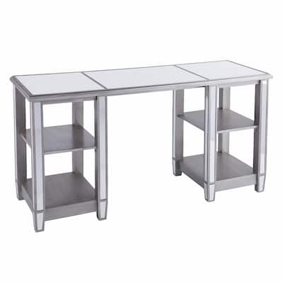Silver Wood Mirrored Writing Desk with Shelves and Rectangular Matte Finish