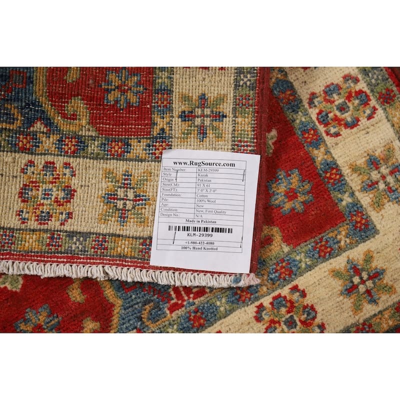 Geometric Red Kazak Oriental Foyer Rug Hand-Knotted Wool Carpet - 2'0" x 3'0"