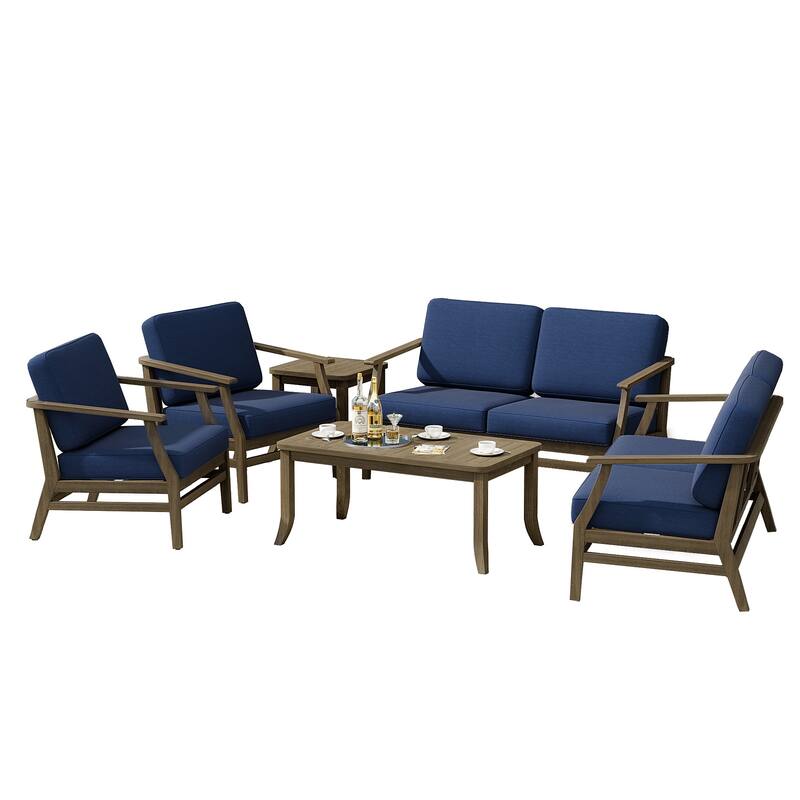 Teak Outdoor Patio Conversation Set with Cushions and Tables (6-Piece)