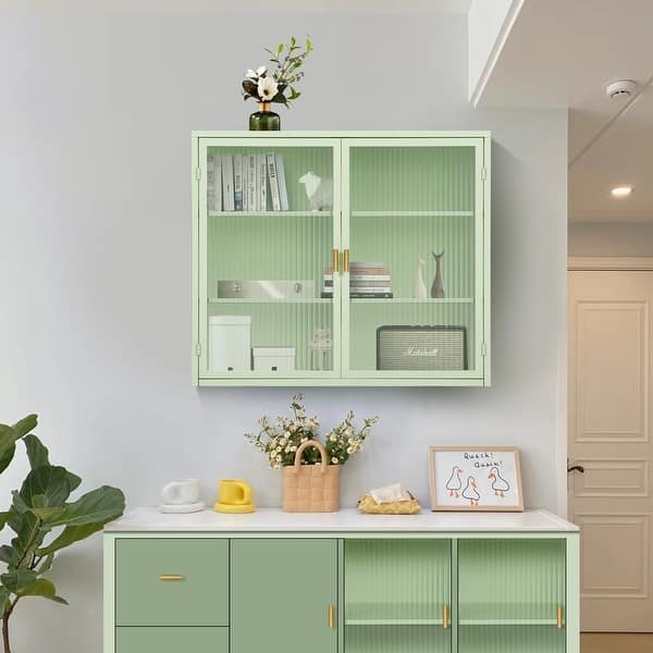 slide 2 of 9, 27.56"Glass Doors Modern Two-door Wall Cabinet with Featuring Three-tier Storage for Entryway Living Room Bathroom Green