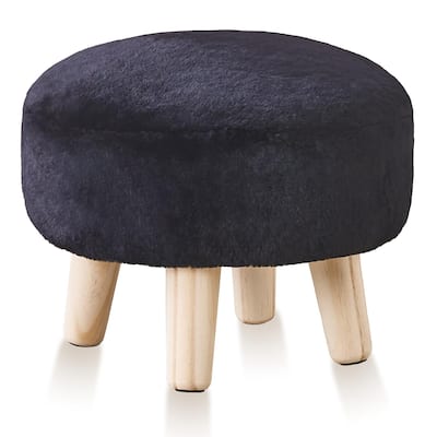 Plush Faux Fleece Round Ottoman Footstool with Wooden Legs and Cozy Seat for Living Room