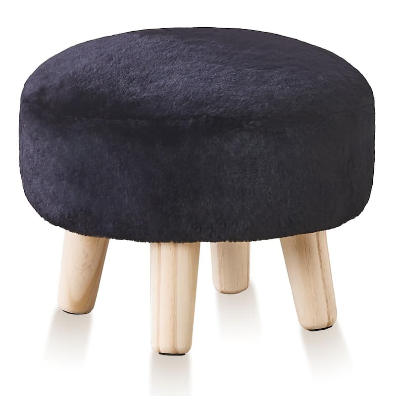 Plush Faux Fleece Round Ottoman Footstool with Wooden Legs and Cozy Seat for Living Room - Black