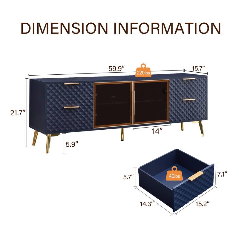 Modern TV Stand, Geometric Design TV Stand with 4 Drawers Aluminum Frame and Tempered Glass Door, for Living Rooms, Dark Blue