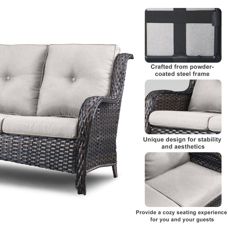6 Piece Furniture Sofa Set with Propane Fire Pit Table - Brown
