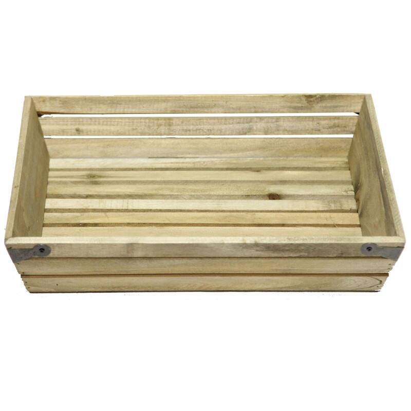 Natural wood large shallow rectangle crate with metal corner design