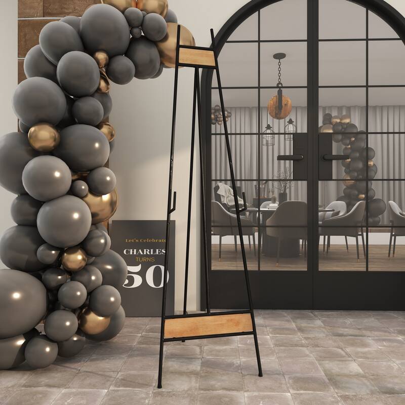 Black Metal Extra Large Free Standing Adjustable Display Stand Easel with Chain Support and Wood Accents