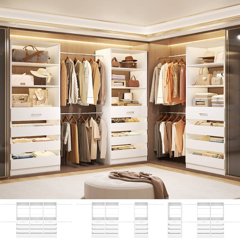 140'' Walk-in Closet Organizer System with 12 Drawers ＆ 4 Hanging Rods, 8.5-11.5FT Wooden Wardrobe Clothes Rack with 3 Towers